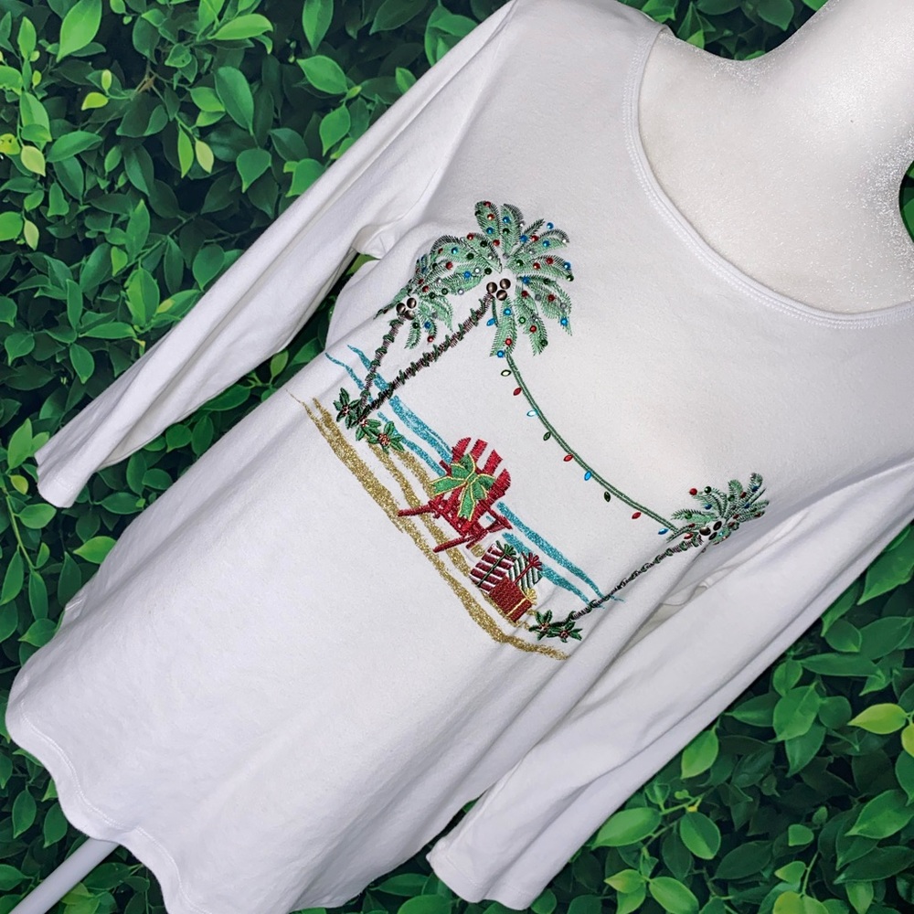 Karen Scott Coastal Christmas Embroidered Palm Tree Cotton Knit Top, Size M - Picture 3 of 6